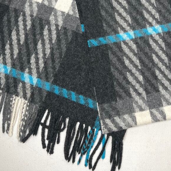Burberry Grey Blue Plaid Check Striped Fringe 100% Cashmere Scarf - Picture 5 of 6